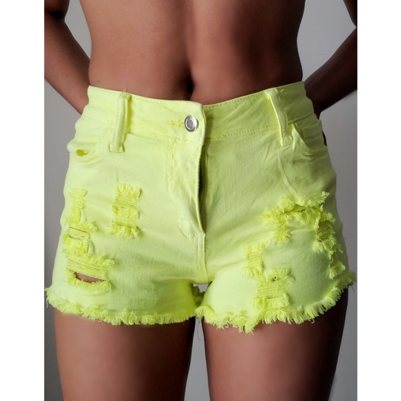 Distressed shorts, Neon Yellow, Size 7 - Picture 1 of 6